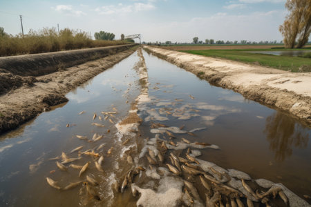 waterway polluted by runoff from agricultural field, with dead fish on the surface, created with generative aiの素材