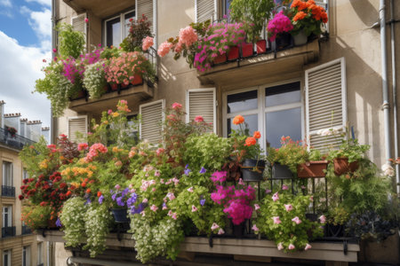 a window garden overflowing with blooms and greenery on a modern apartment balcony, created with generative aiの素材