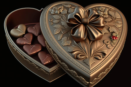heart-shaped box of chocolates with ribbon and bow on the outside, created with generative aiの素材
