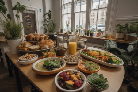 vegan bistro, with a variety of plant-based dishes and desserts on offer, created with generative aiの素材