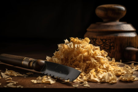 pile of delicate wooden shavings next to carving knife, created with generative aiの素材