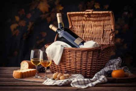 classic picnic basket with a bottle of wine and glasses on checkered cloth, created with generative aiの素材