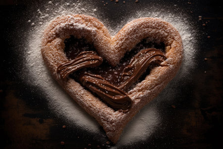 heart-shaped churro with drizzle of melted chocolate and sprinkle of powdered sugar, created with generative aiの素材