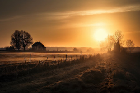 rural landscape with sun setting behind the horizon, casting warm and golden light over the scene, created with generative aiの素材
