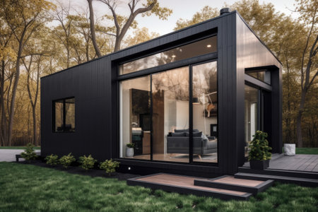 modern tiny home with sleek and minimalist design, featuring floor-to-ceiling windows and high ceilings, created with generative aiの素材