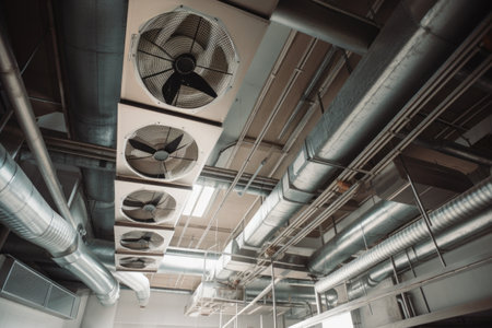 ventilation system with multiple vents and fans, spreading fresh air throughout building, created with generative aiの素材