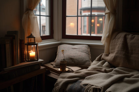 warm and cozy reading nook, with blanket and cup of tea, for a quiet evening, created with generative aiの素材