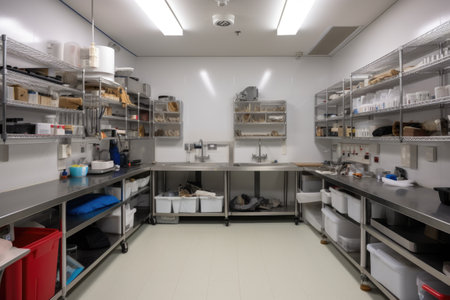large veterinary room, with surgical tools and equipment neatly arranged on shelves, created with generative aiの素材