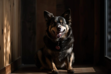 portrait of happy dog with tongue hanging out, sitting on wooden floor, created with generative aiの素材