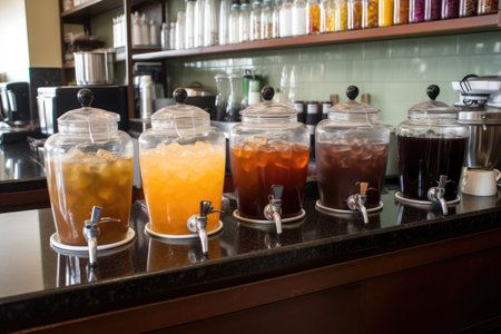 coffee shop, with iced carafes of coffee and tea for customers to choose from, created with generative aiの素材