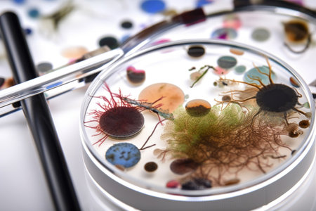 microbial culture growing in petri dish, with magnifying glass for viewing, created with generative aiの素材