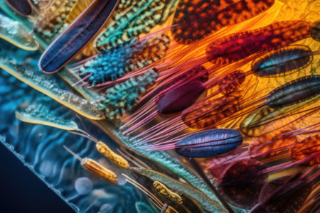 close-up of colorful marine organism on microscope slide, created with generative aiの素材