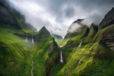 majestic mountain range with cascading waterfalls, surrounded by clouds, created with generative aiの素材