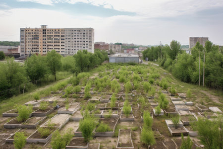 reforestation project in urban environment, with trees planted in vacant lots and on rooftops, created with generative aiの素材