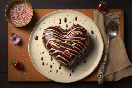 heart-shaped donut with drizzle of chocolate and sprinkles on plate, created with generative aiの素材