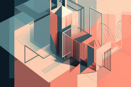 illustration of fragmented shapes and perspectives, with focus on one element in the foreground, created with generative aiの素材