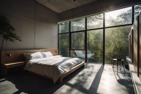 minimalist room, with view of lush greenery and sunlight streaming in through the windows, created with generative aiの素材