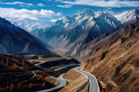 highway winding through the mountains, with breathtaking views of snowcapped peaks, created with generative aiの素材