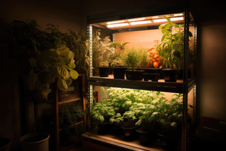 close-up of home-grow setup, with lighting and humidity systems visible, created with generative aiの素材