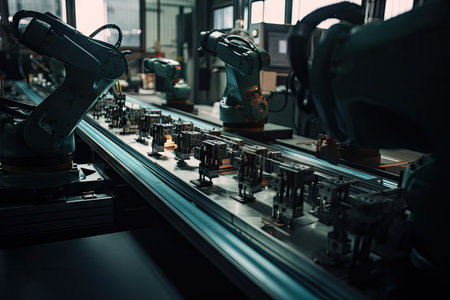 the future of industrial automation, with robots performing delicate and precise tasks in manufacturing plant, created with generative aiの素材