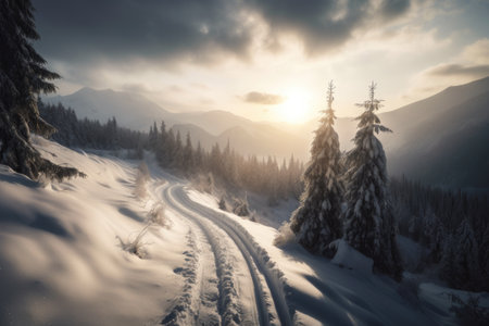 winter sports scene, with the sun peeking through the clouds and shining on a winding mountain trail, created with generative aiの素材