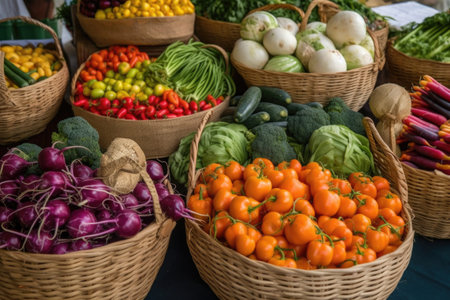 close-up of baskets overflowing with fresh and colorful vegetables, created with generative aiの素材