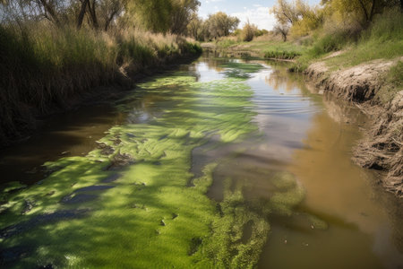 close-up of algae bloom in waterway caused by agricultural runoff, created with generative aiの素材