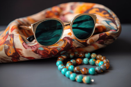 a pair of vintage shades in a retro print, paired with modern jewelry, created with generative aiの素材