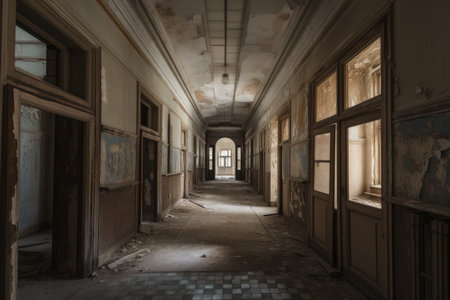 old and abandoned hospital, with labyrinth of hallways and rooms, offering endless exploration, created with generative aiの素材