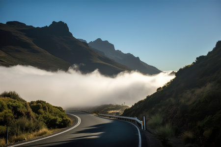 dramatic mountain range, with clouds hovering above and fog drifting below, seen from the road, created with generative aiの素材