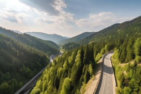 scenic road trip on a mountain highway, with breathtaking views of the mountains and forests, created with generative aiの素材