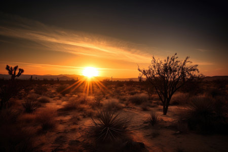 desert sunrise, with the sun peeking over the horizon, illuminating the sky and landscape, created with generative aiの素材