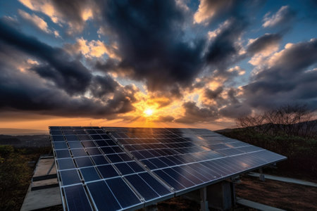 solar panel system, with view of the sun peeking through the clouds, created with generative aiの素材