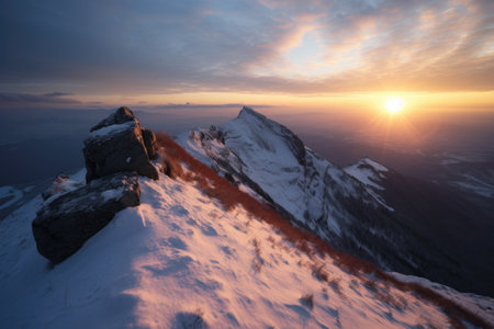 snowy mountain top with a view of the sunrise, showcasing the start of a new day, created with generative aiの素材