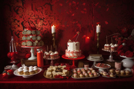 a whimsical dessert table, featuring festive treats and confections in holiday colors, created with generative aiの素材