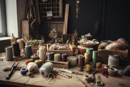 textile crafts workshop, with yarns and tools displayed on wooden table, created with generative aiの素材