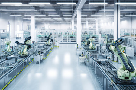 a factory floor with robots performing the assembly and packaging of products, created with generative aiの素材