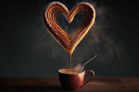 heart-shaped churros being dunked into cup of hot chocolate, created with generative aiの素材