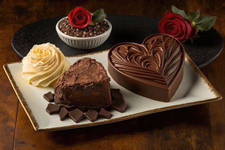 heart-shaped brownie arranged on a plate with other chocolate desserts for special occasion, created with generative aiの素材