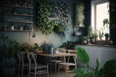 a wall of plants, flowers and herbs in a kitchen or dining room, created with generative aiの素材