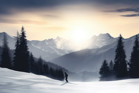winter scene, with snowy mountains in the background and silhouetted skier or snowboarder, created with generative aiの素材