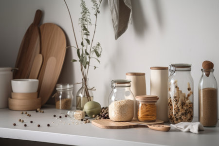 a minimalist kitchen with a variety of zero-waste pantry ingredients and cooking tools, created with generative aiの素材