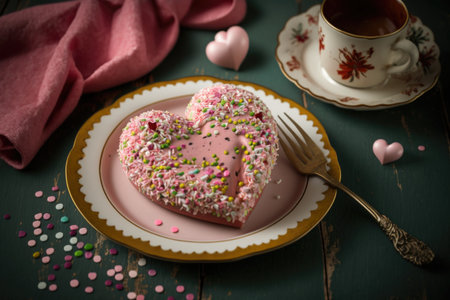 heart-shaped donut with pink icing and sprinkles on plate, created with generative aiの素材