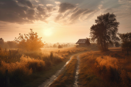 rural setting with sun shining through the clouds, creating a warm and cozy atmosphere, created with generative aiの素材