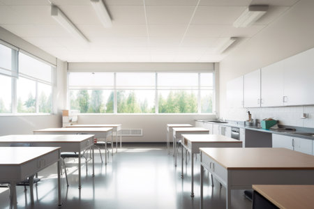minimalist classroom with clean lines, natural light, and blur of activity in the background, created with generative aiの素材