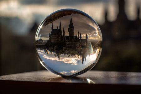 magic crystal ball, with view of hogwarts castle and flying broom in the background, created with generative aiの素材