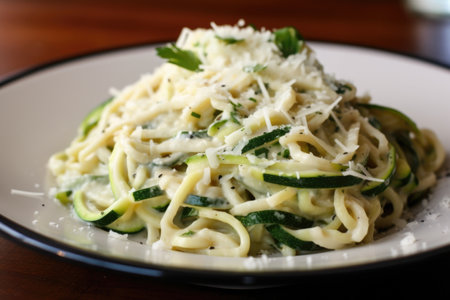 zucchini pasta, with creamy alfredo sauce and fresh parmesan cheese, created with generative aiの素材