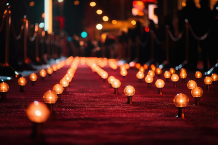 red carpet lined with flashing bulbs, in front of premiere theater, for star-studded movie premiere, created with generative aiの素材