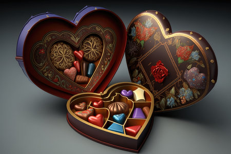 heart-shaped box of assorted chocolates or truffles with the lid off, and the treats inside for viewing, created with generative aiの素材