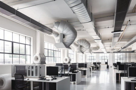 ventilation and exhaust system with ducting, fans, and filters in modern office setting, created with generative aiの素材